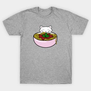 Hungry cat eating bowl of pasta T-Shirt